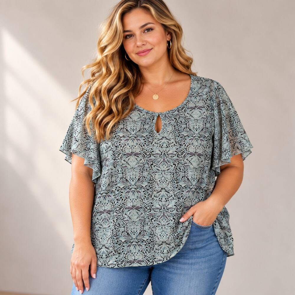 CJ Banks Blouse Womens Plus Size 3X Green White Argyle Stretchy Casual Top Shirt